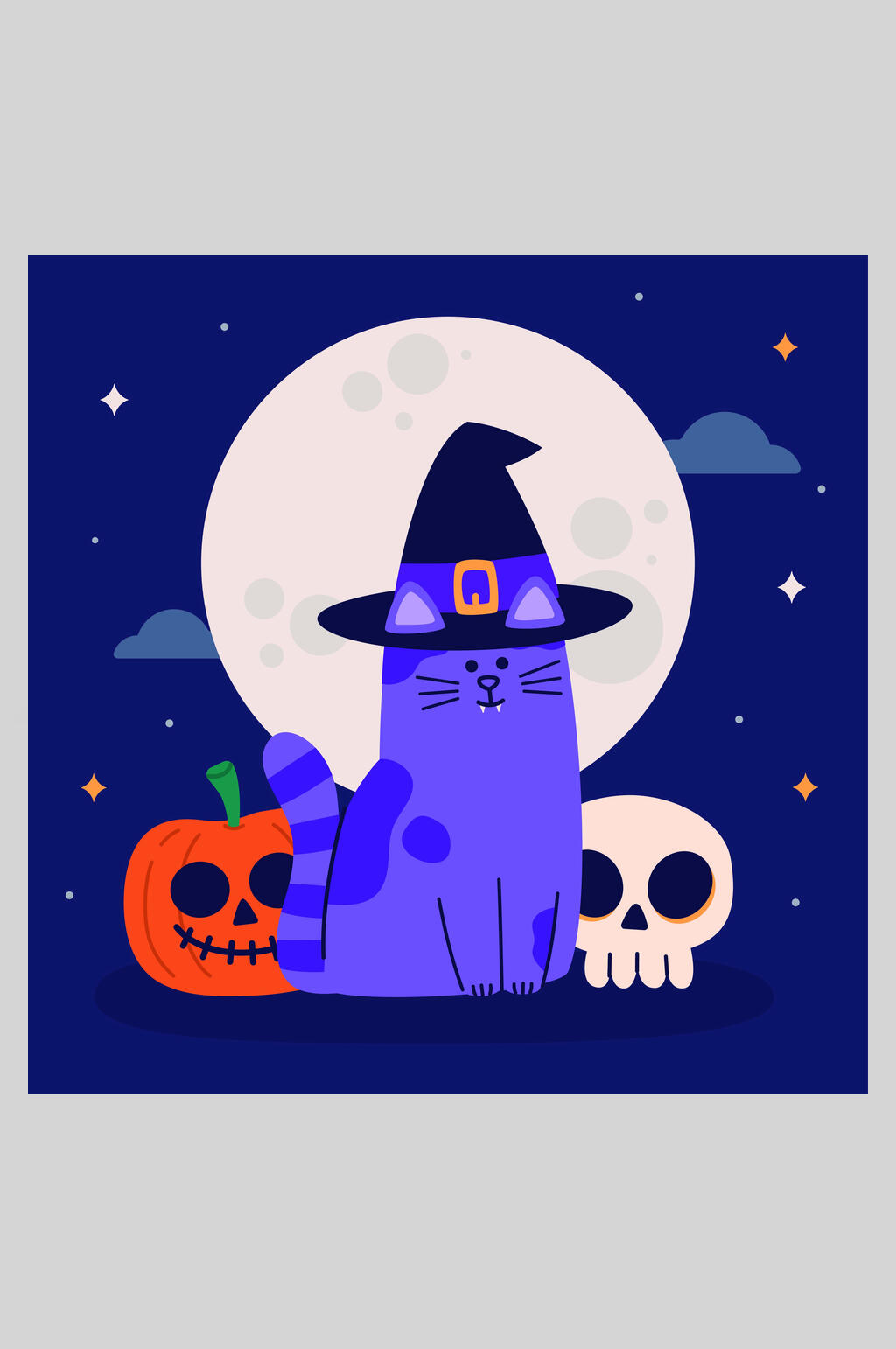 骷髅头矢量猫咪万圣节插画素材