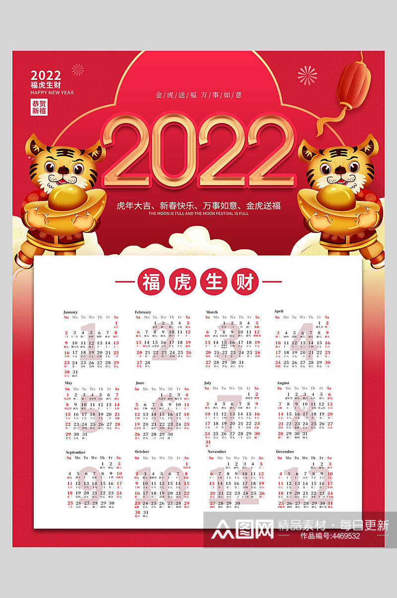 红色老虎元宝2022虎年日历海报素材