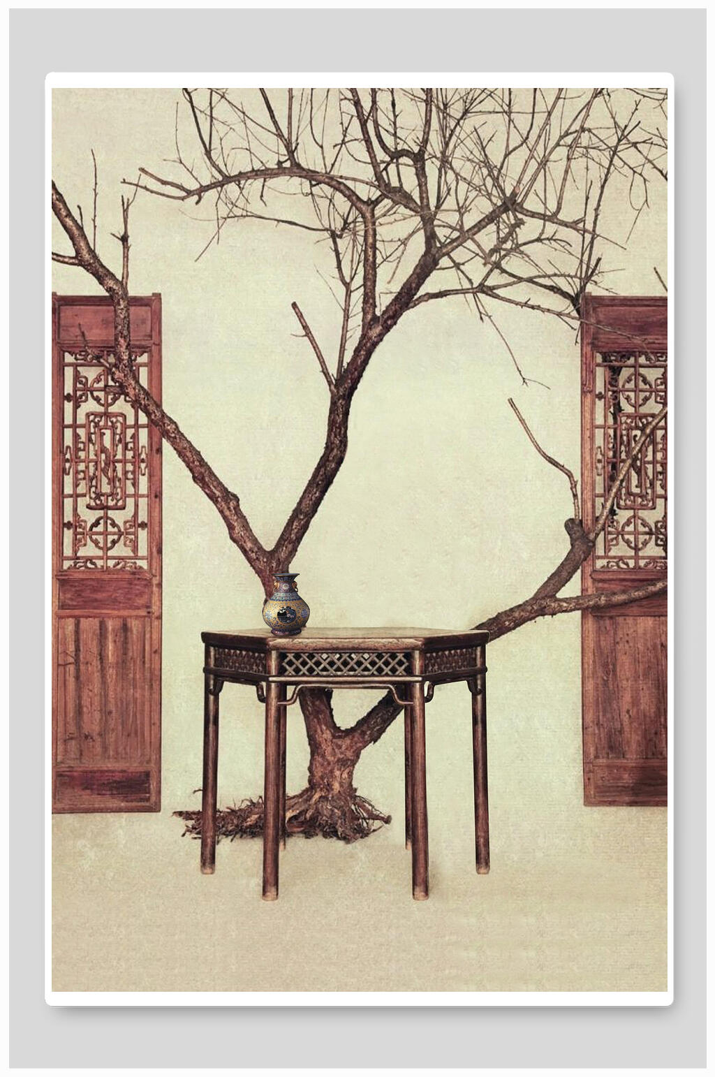 树枝窗户黄色简约中国风工笔画背景素材