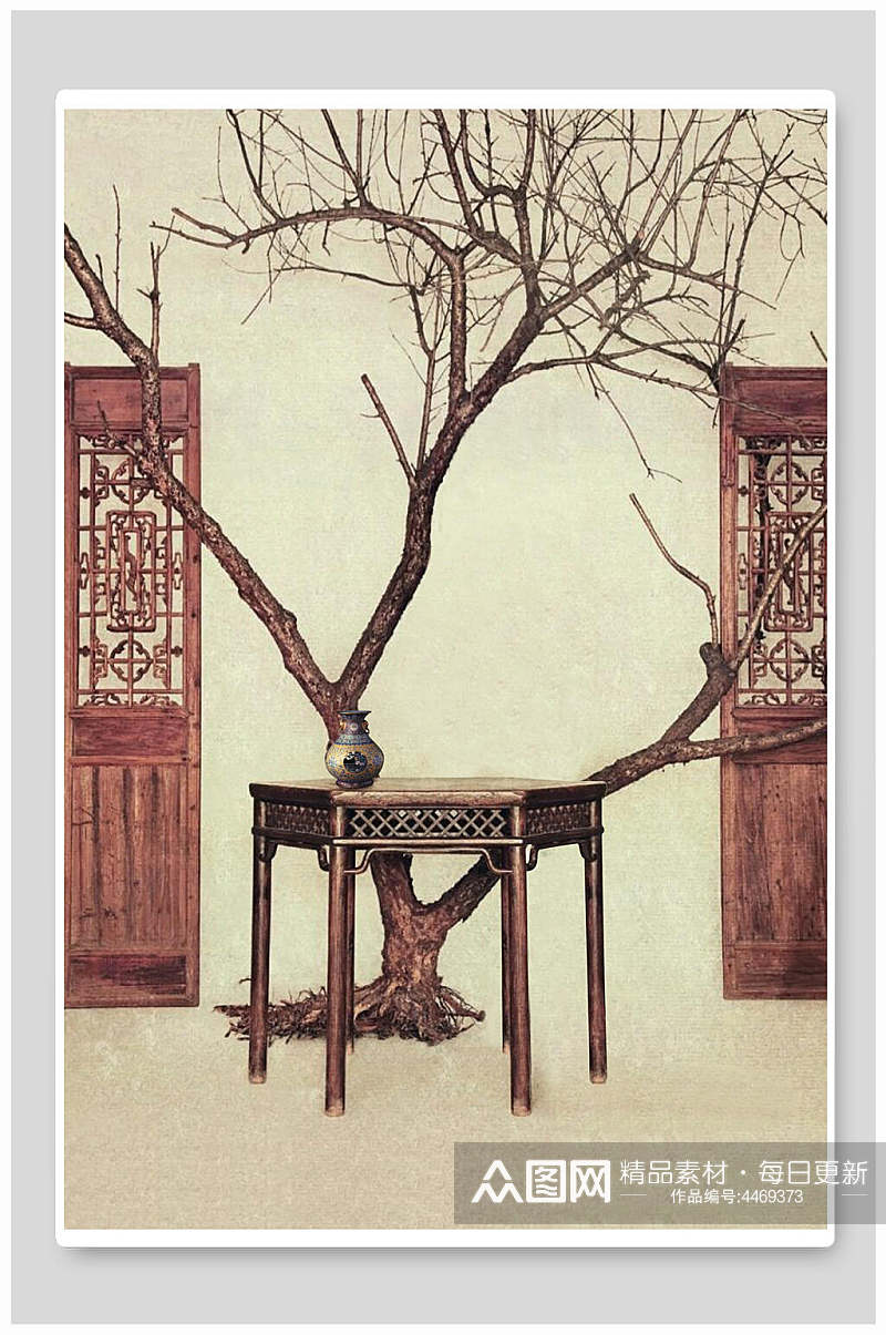 树枝窗户黄色简约中国风工笔画背景素材