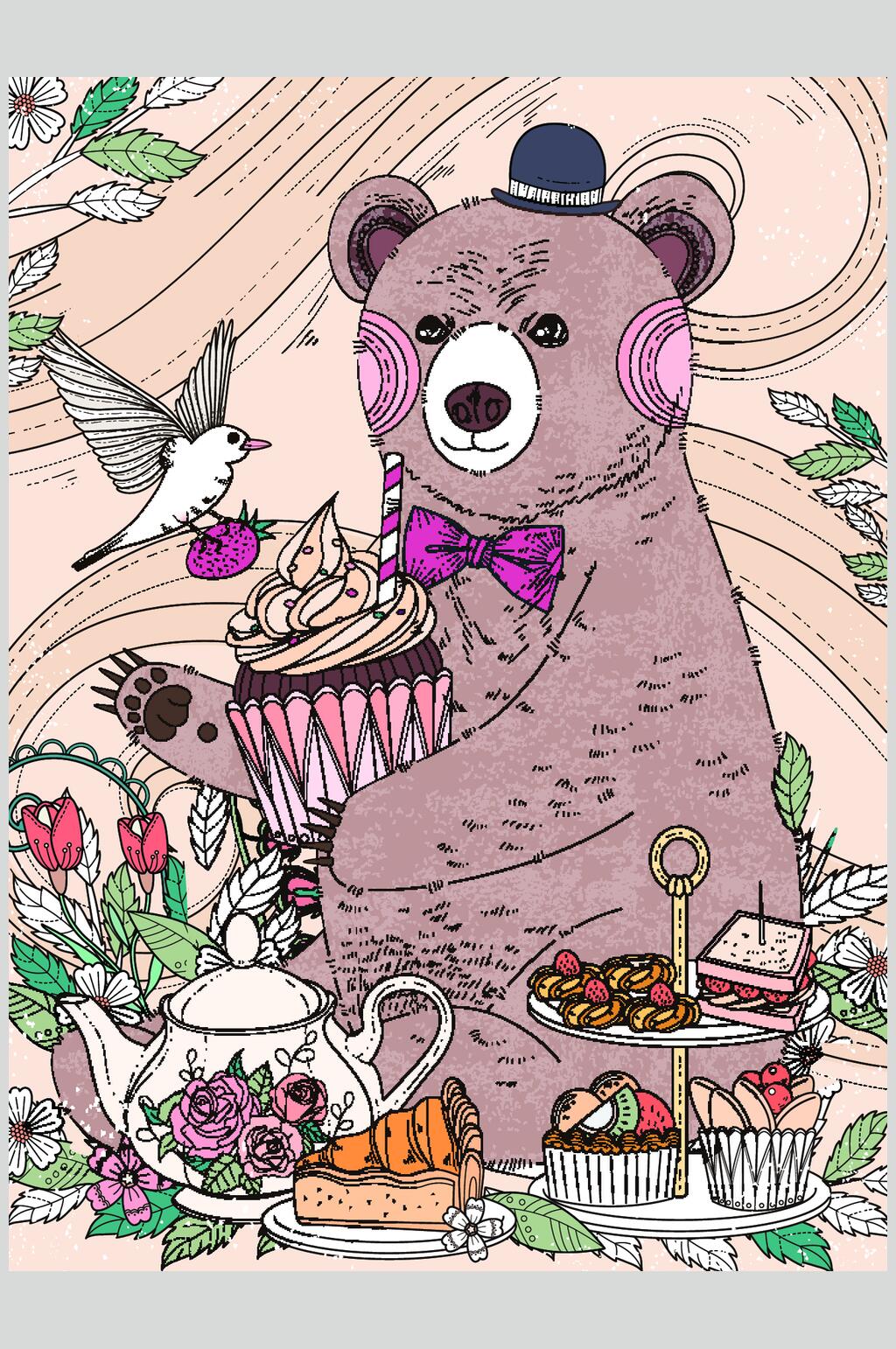 蛋糕小鸟熊猫黄绿温馨插画矢量素材素材