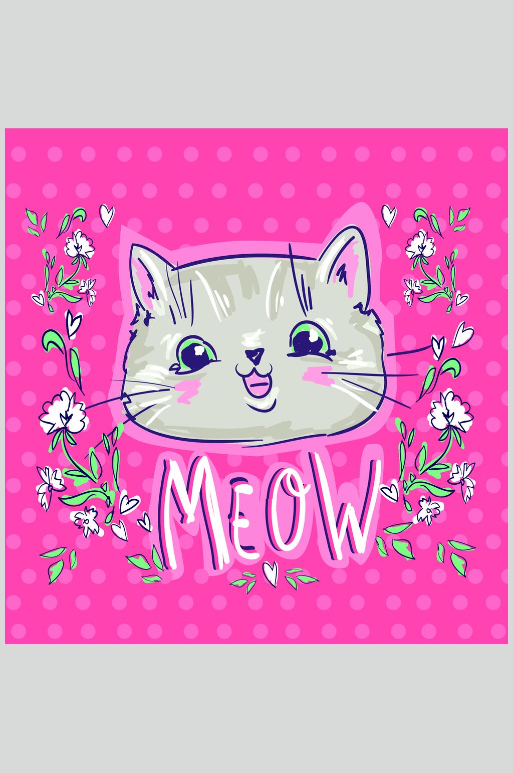 猫咪紫色花朵唯美温馨插画矢量素材素材