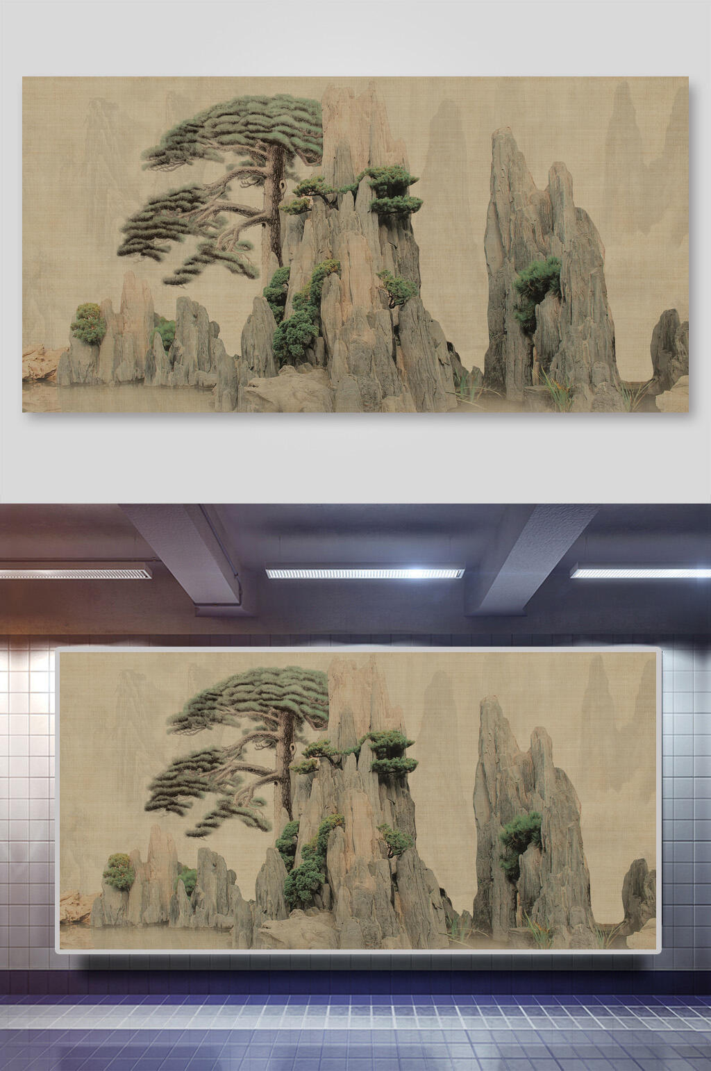 山间树木灰棕中国风工笔画背景素材