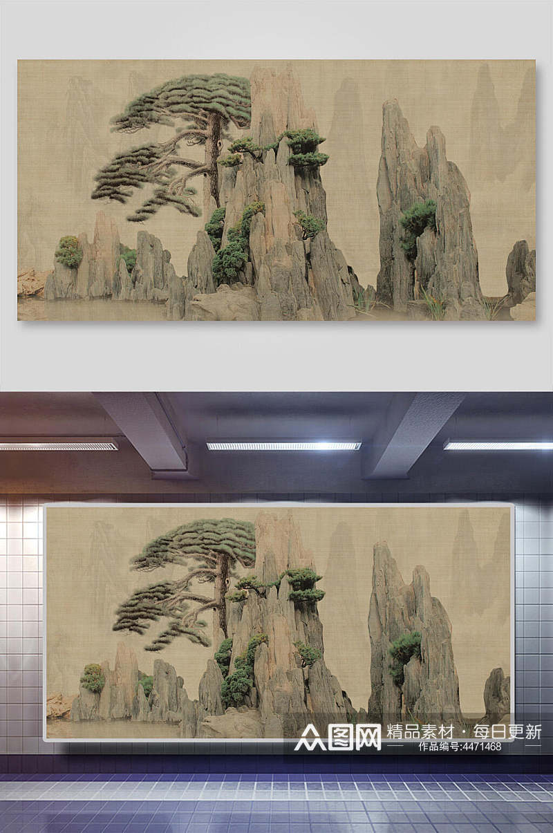 山间树木灰棕中国风工笔画背景素材