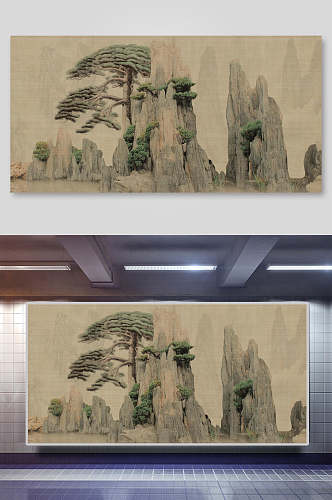山间树木灰棕中国风工笔画背景