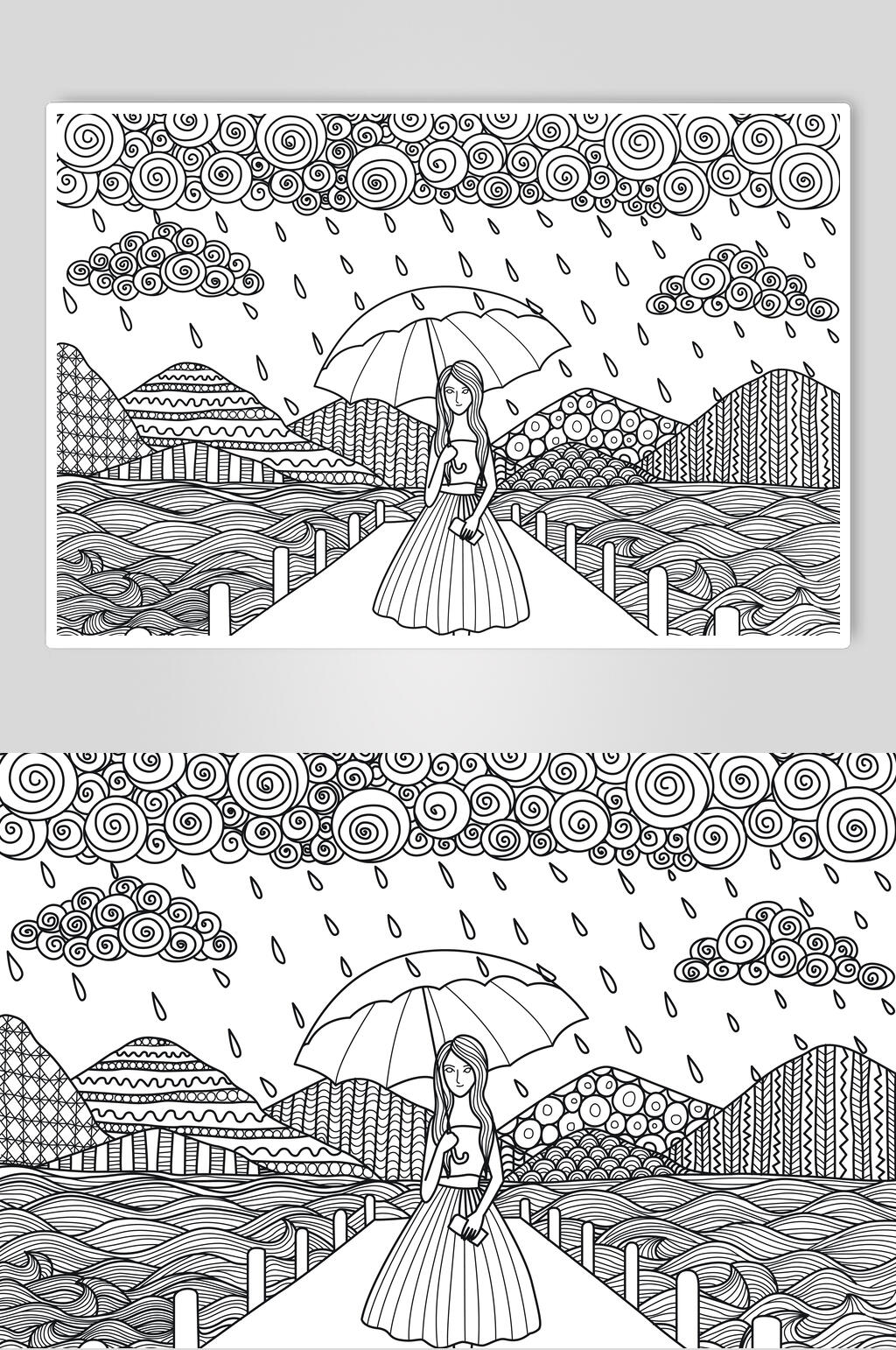 下雨黑色魔法森林动物线稿矢量素材素材