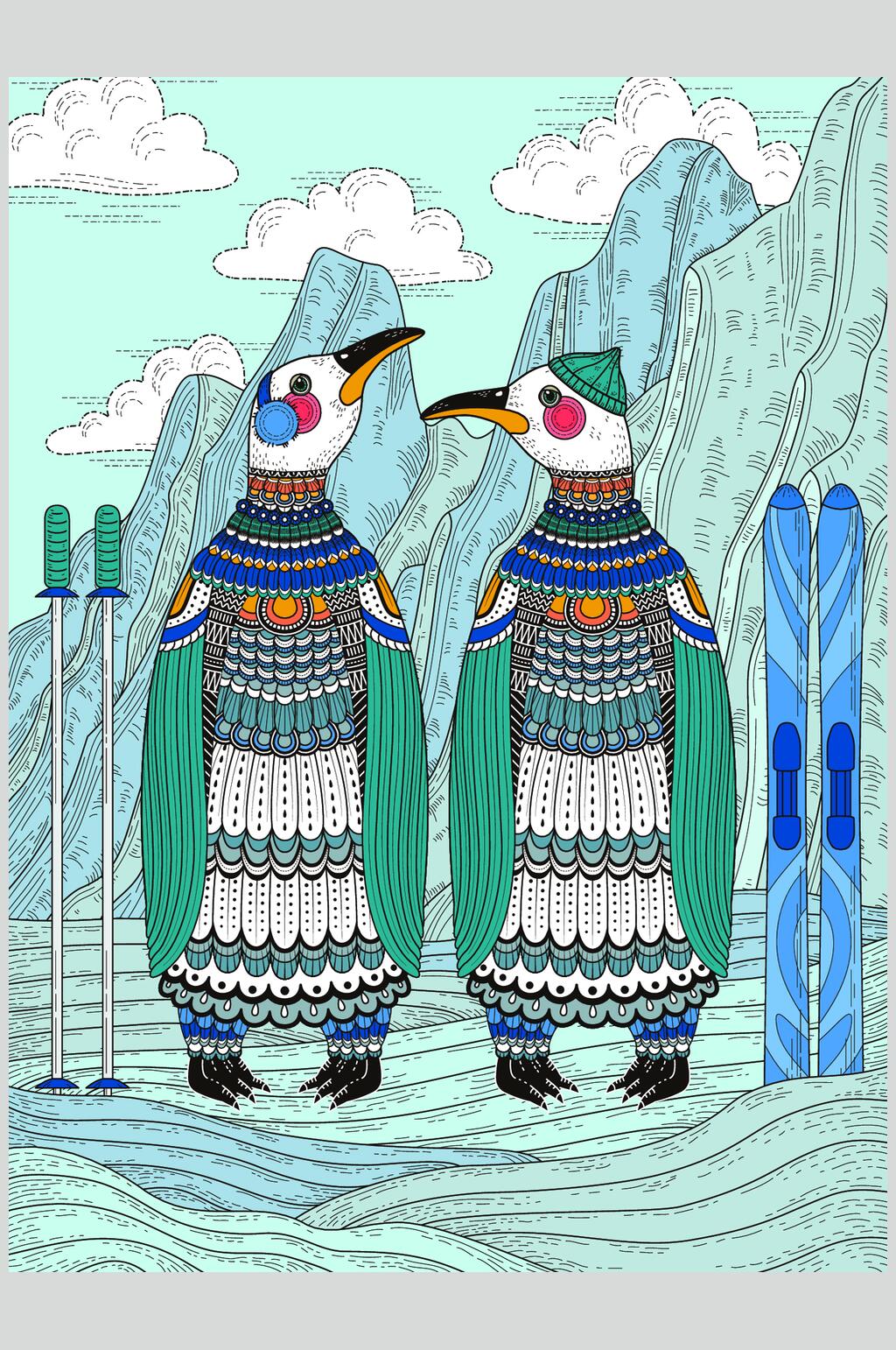 企鹅温馨插画矢量素材素材