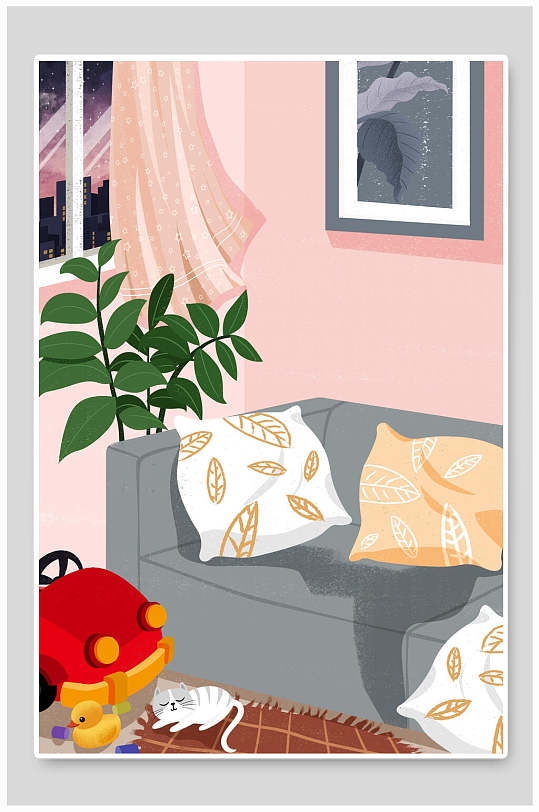 粉色猫咪沙发唯美重阳节插画