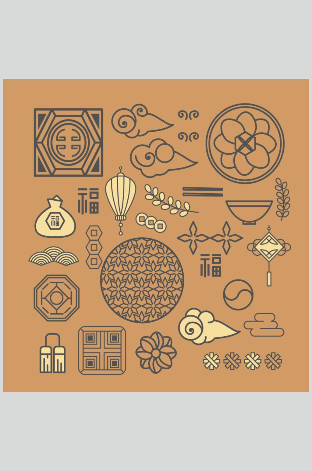 祥云圓形花朵傳統(tǒng)線描圖案矢量素材素材