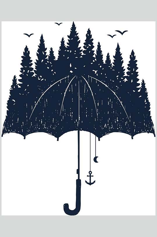 雨伞树木深蓝北欧星座图案矢量素材