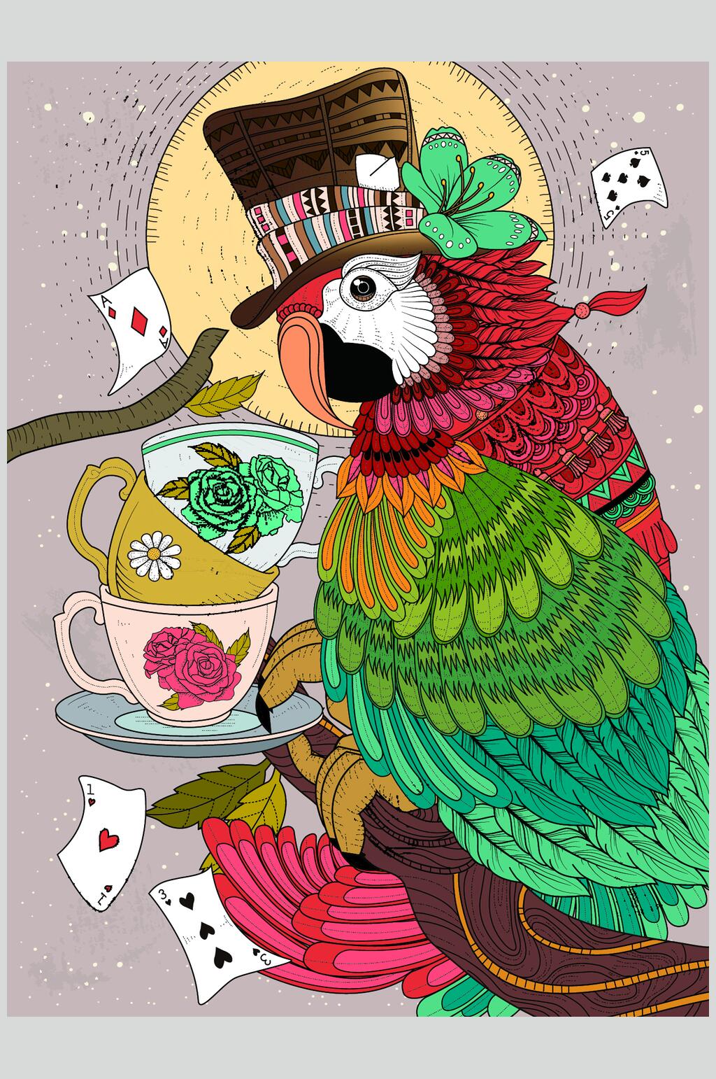 小鸟卡牌简约帽子温馨插画矢量素材素材