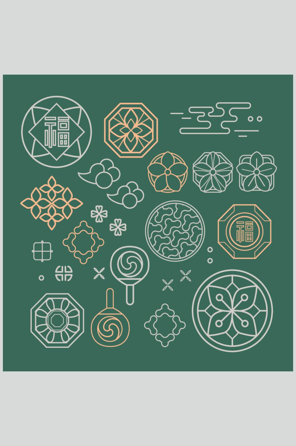扇子绿色唯美传统线描图案矢量素材素材