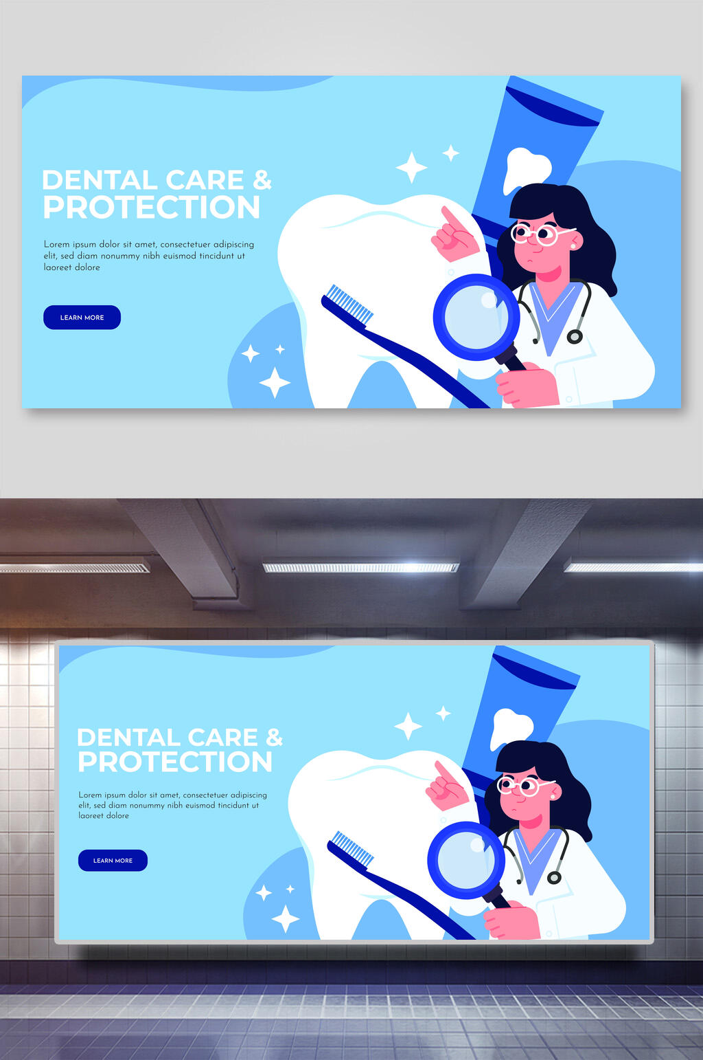 创意牙齿牙刷扁平风网页矢量插画素材