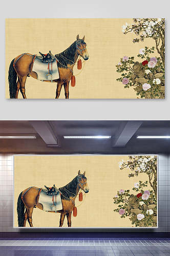 马匹花朵叶子中国风工笔画背景