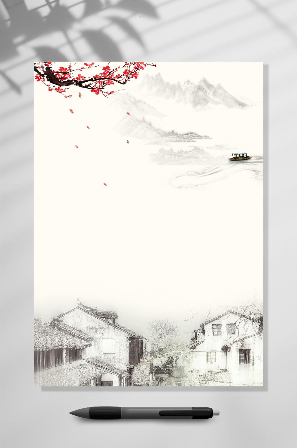 手绘极简中国风信纸背景WORD素材