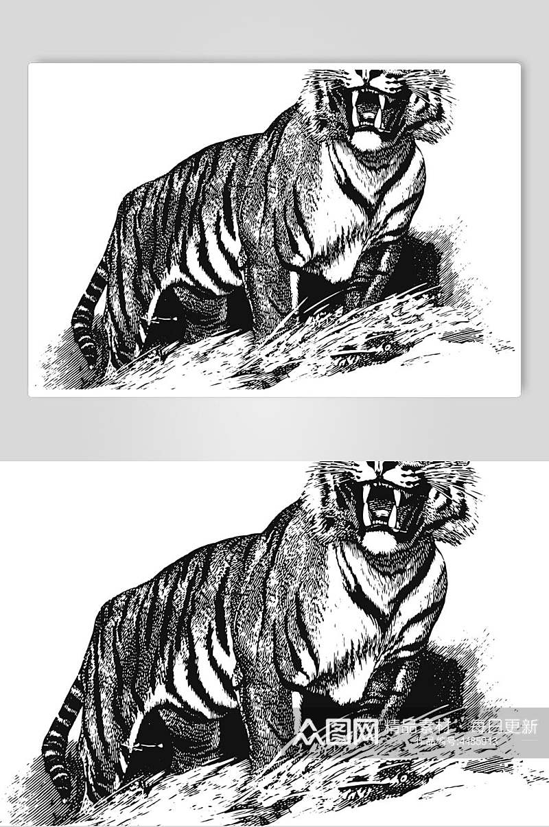 黑色线条老虎动物素描手绘矢量素材素材