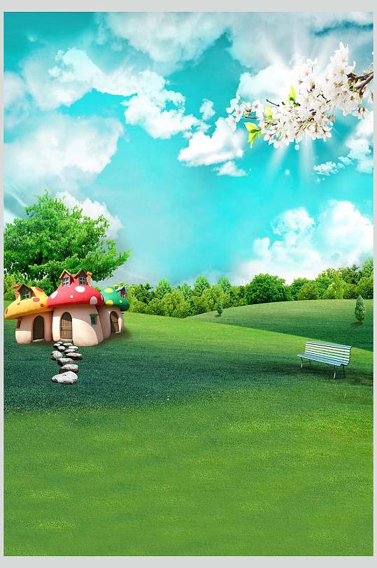 蘑菇小屋绿地卡通田园背景图片