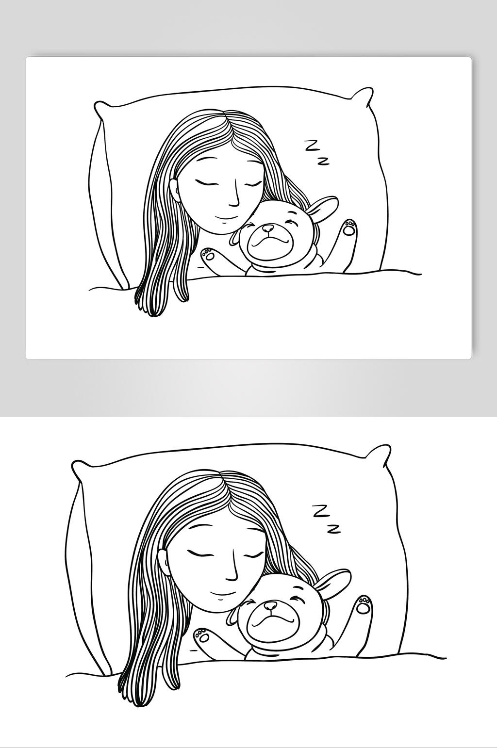 被子睡觉黑色手绘温馨插画矢量素材素材