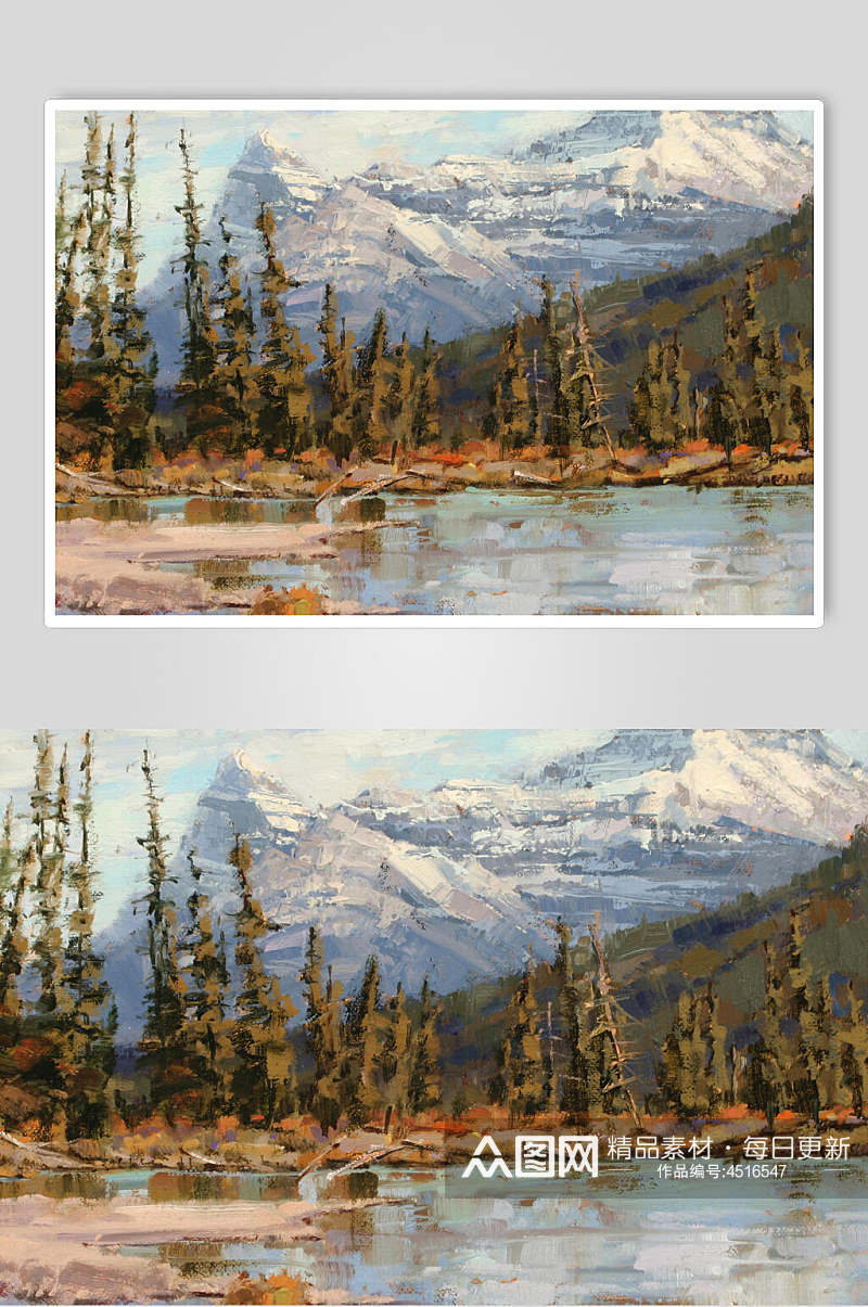 艺术绘画树木雪山美术画图片素材