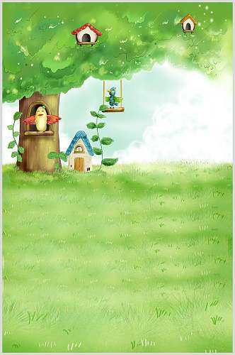 绿色草地大树鸟儿童卡通背景图片