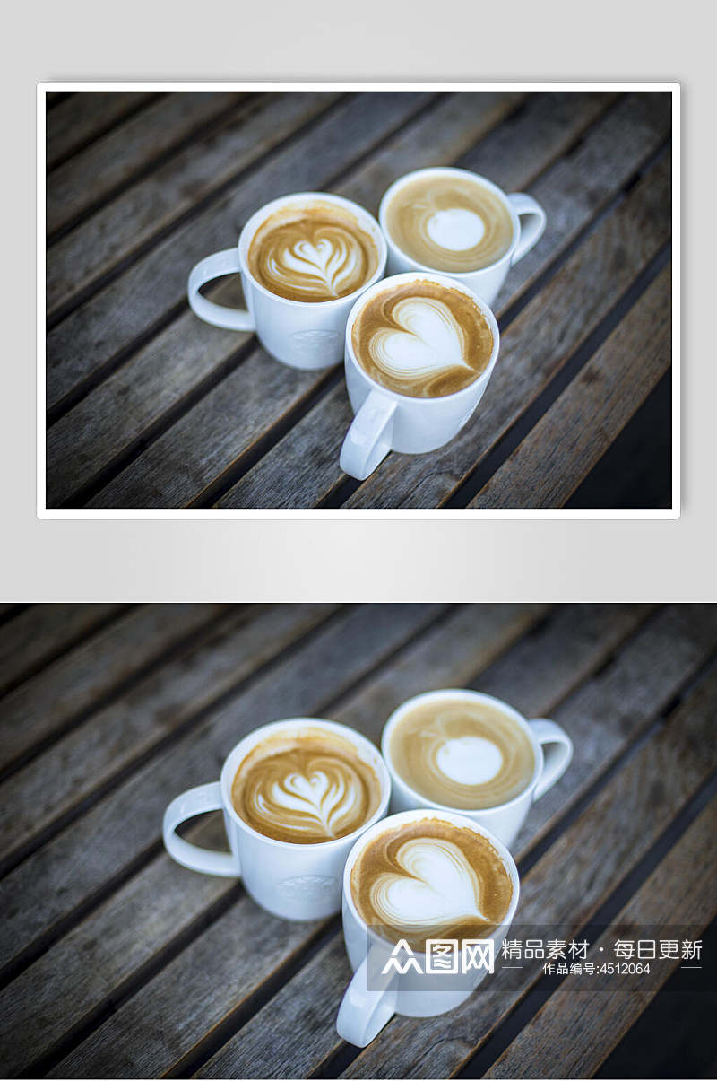 木板拉花白瓷杯咖啡拉花图案图片素材