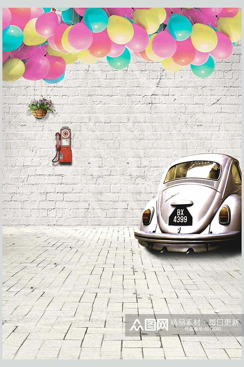 气球骑车白色地板砖卡通田园背景图片素材