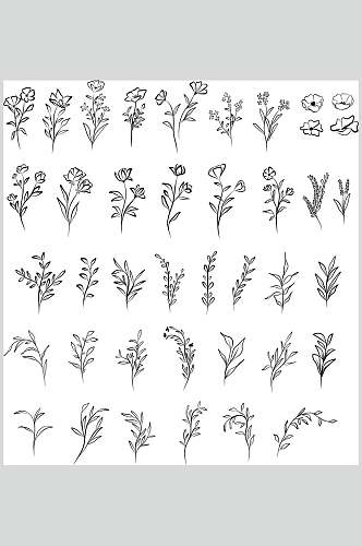 花朵叶子黑色手绘剪影花卉矢量素材