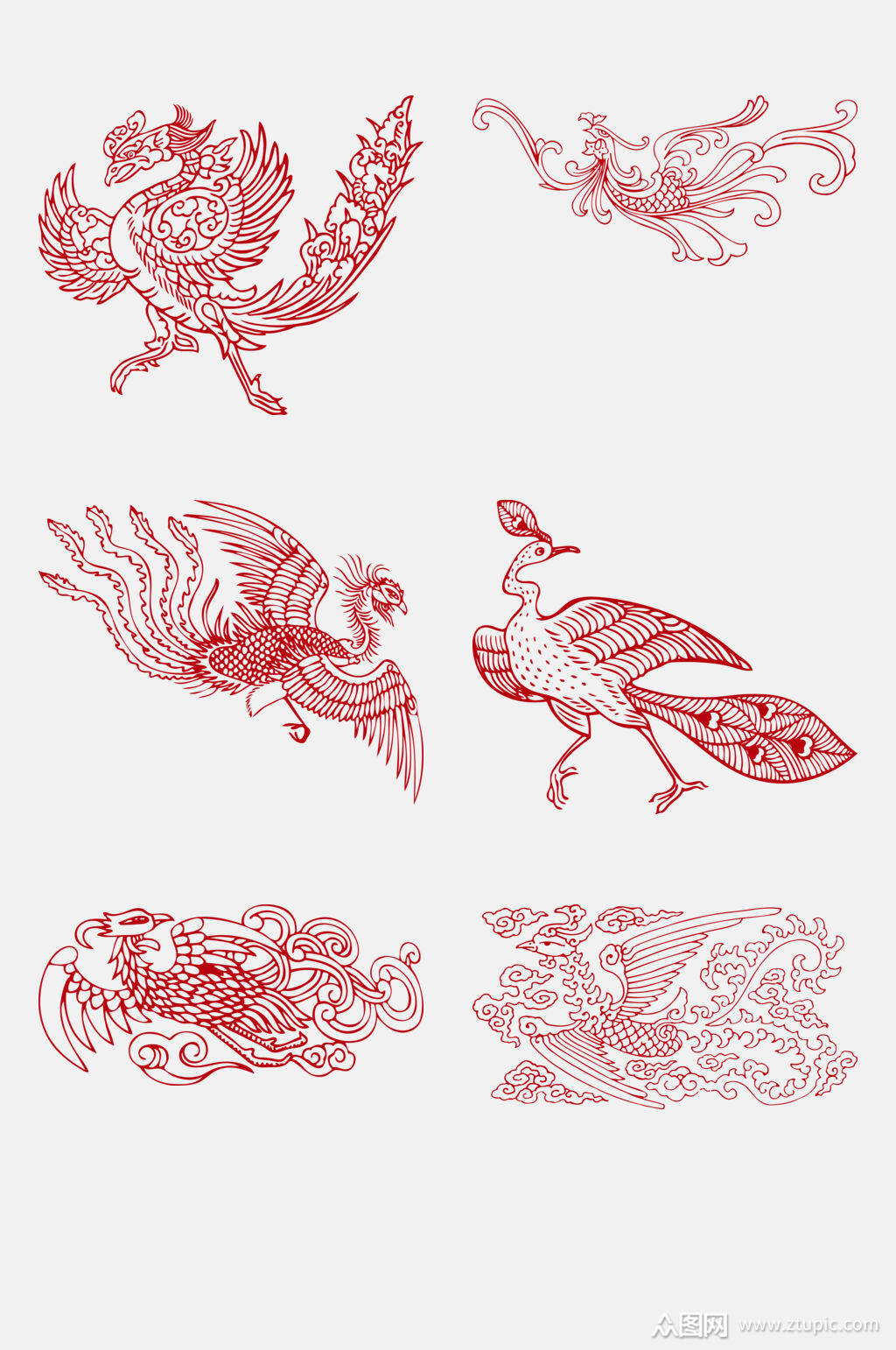 尾巴红色唯美剪纸凤凰图案免抠素材素材