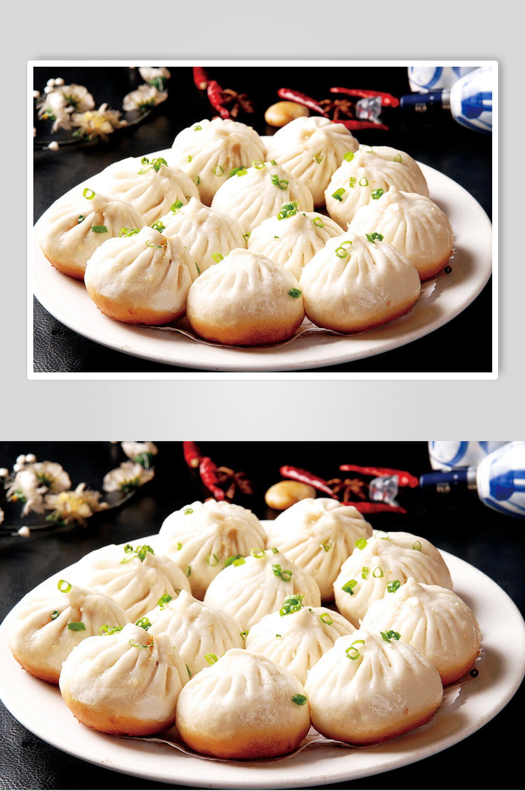葱香美味小笼包早茶摄影图素材