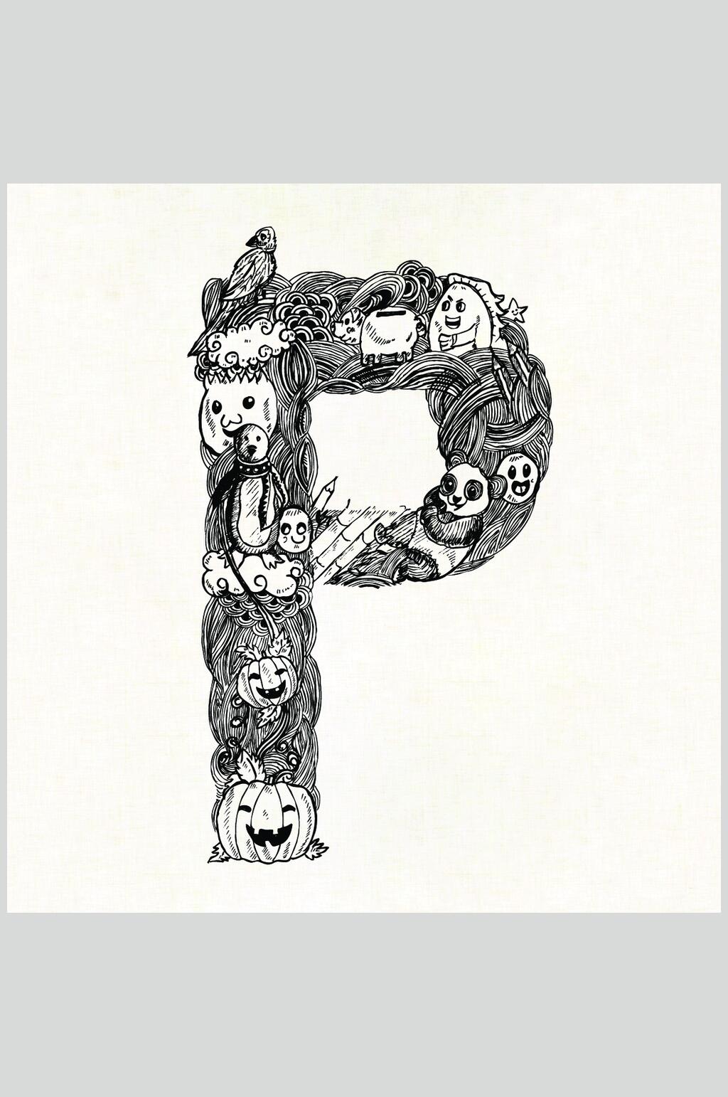 英文南瓜字母线稿手绘素描矢量素材素材