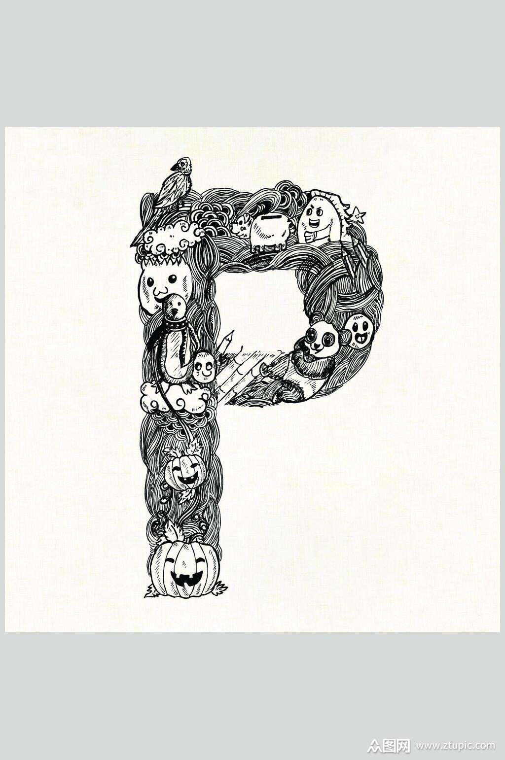 英文南瓜字母线稿手绘素描矢量素材素材