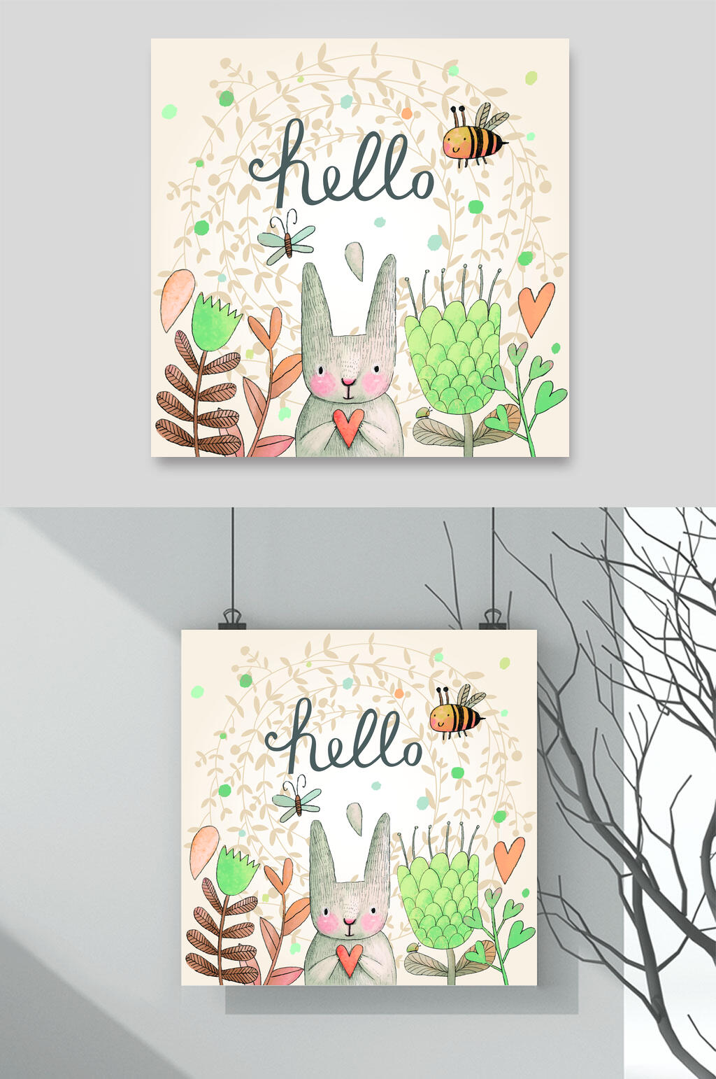 花朵兔子黄森系水彩动植物矢量素材素材