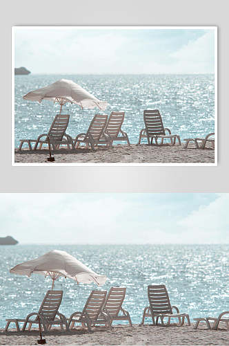 沙滩椅雨伞海水蓝拍照背景图片
