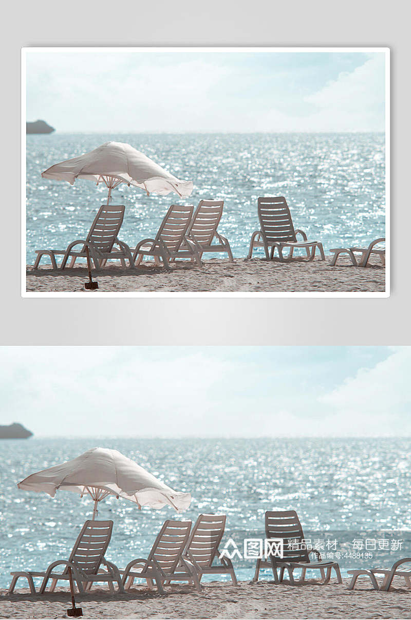 沙滩椅雨伞海水蓝拍照背景图片素材