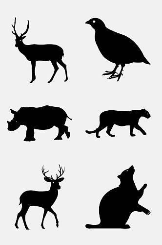 麋鹿黑色犀牛手绘动物剪影免抠素材