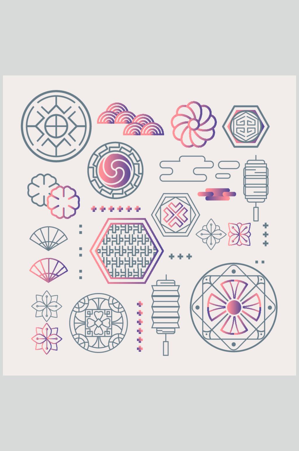 扇子灯笼黄粉传统线描图案矢量素材素材