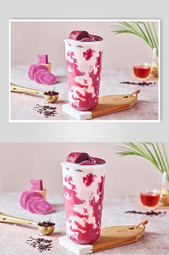 红色火龙果奶茶芋圆甜品摄影图