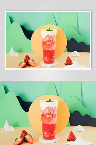 奶茶草莓红色芋圆甜品摄影图