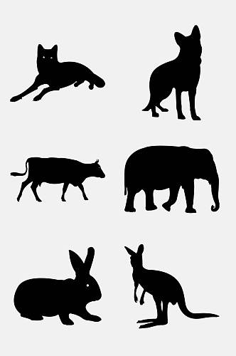 兔子袋鼠大象黑色动物剪影免抠素材