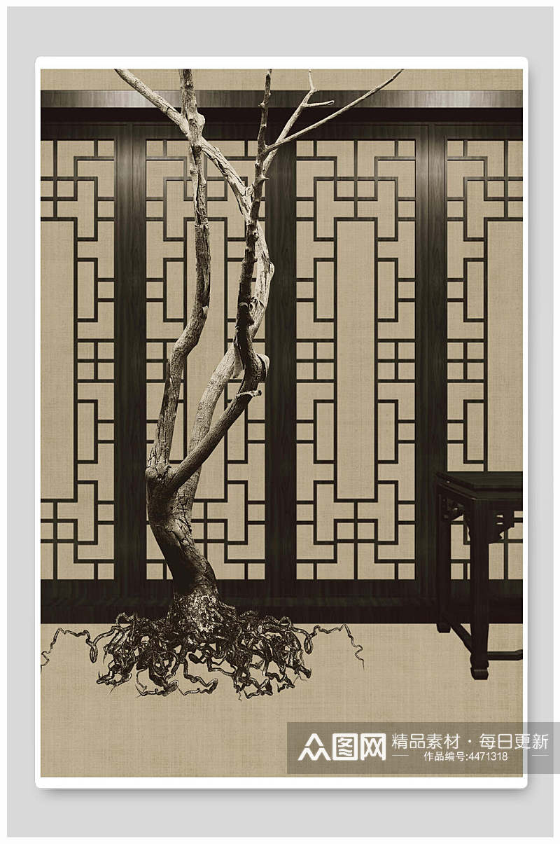 木头树枝灰棕中国风工笔画背景素材