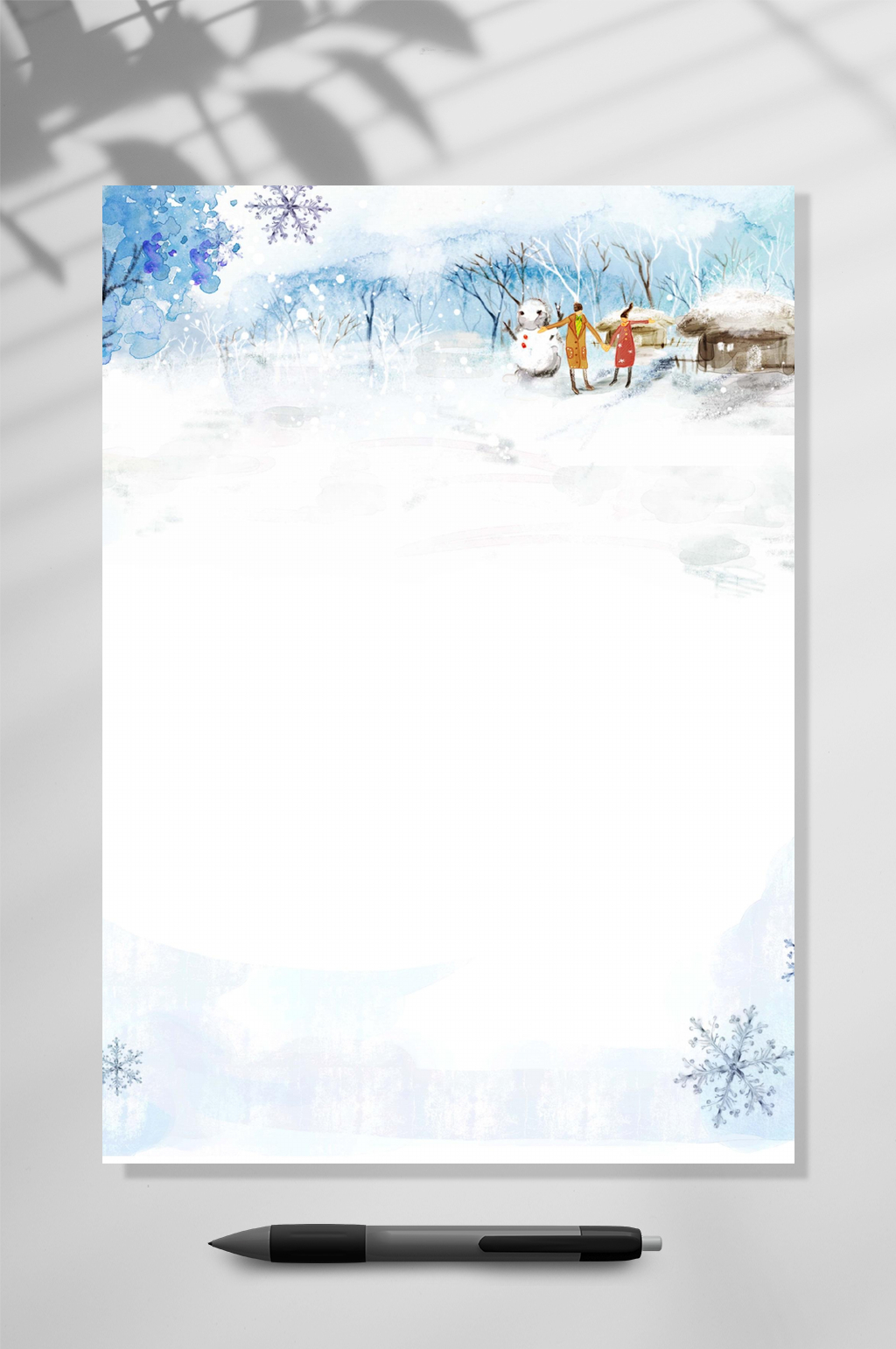 雪花雪人雪景信纸背景WORD素材