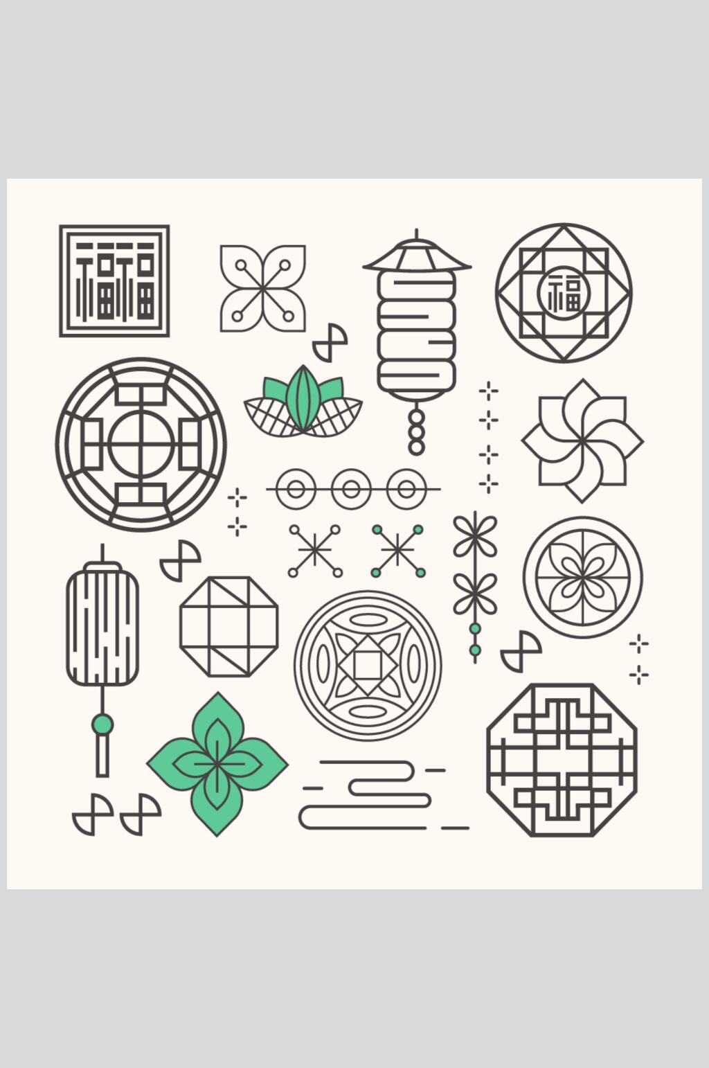 线条花朵黄绿传统线描图案矢量素材素材