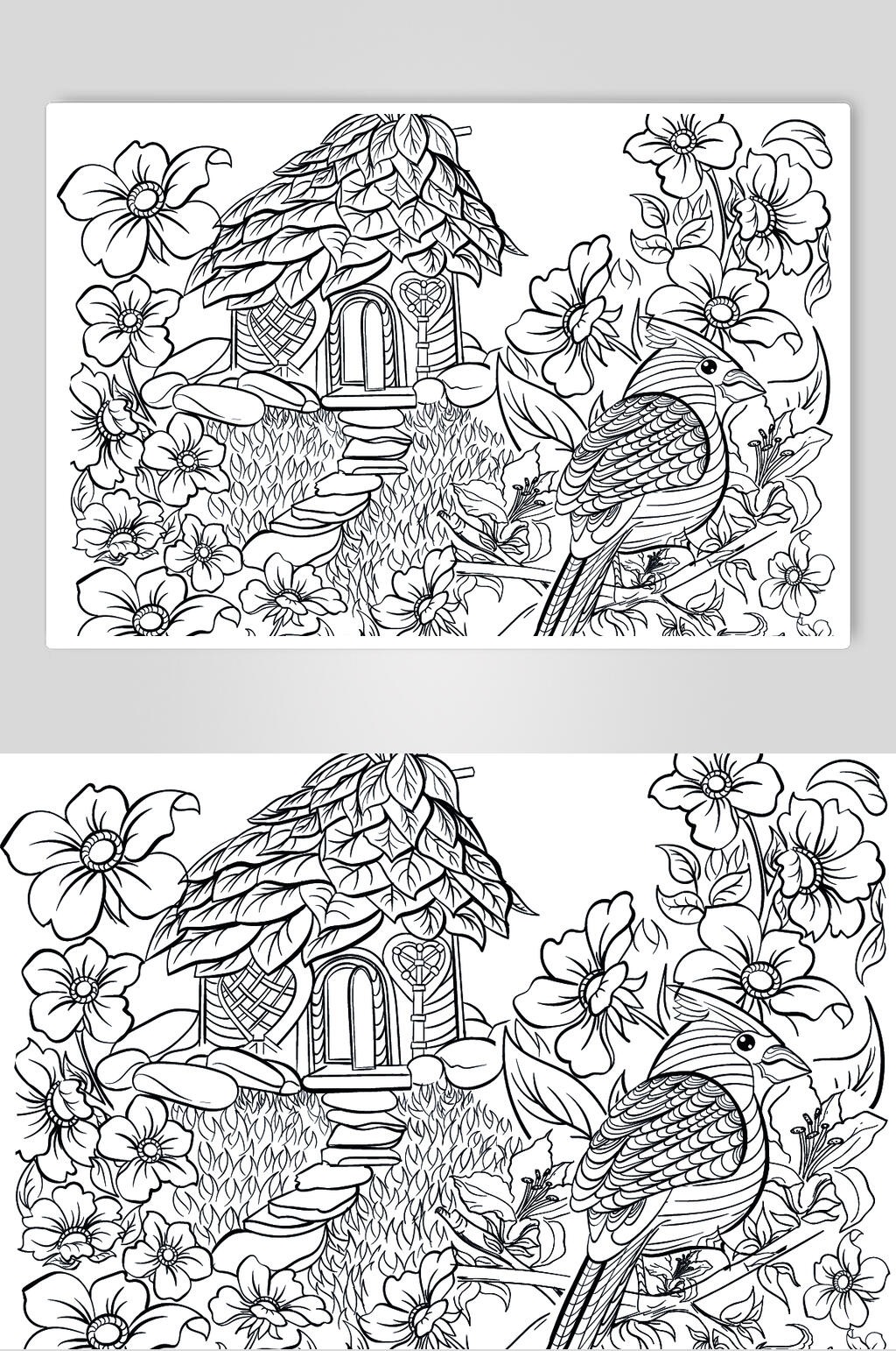 手绘魔法森林动物线稿矢量素材素材