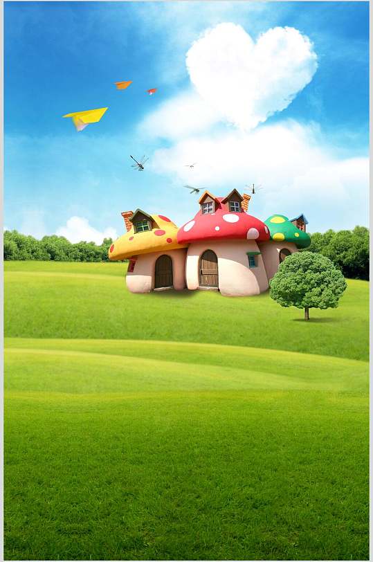 纸飞机蘑菇屋草坪儿童卡通背景图片