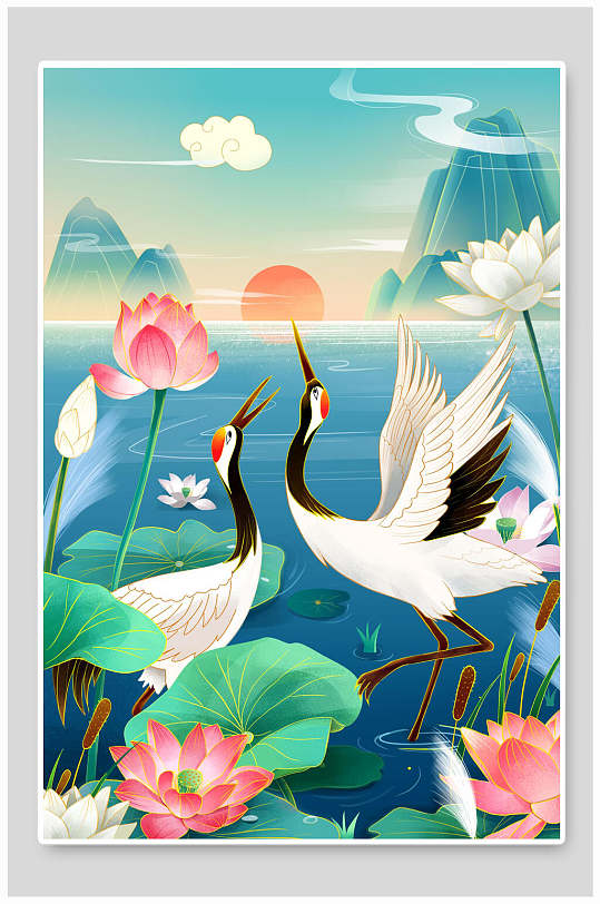 仙鹤荷花高山唯美国潮风插画