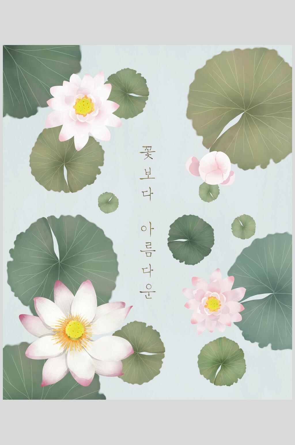 创意韩文荷花荷叶简约绿色花卉素材素材