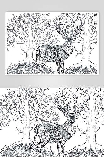 麋鹿树木魔法森林动物线稿矢量素材