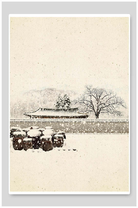 雪花飘落树枝中国风工笔画背景