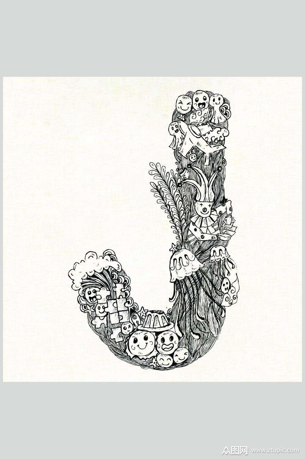 可爱黄黑字母线稿手绘素描矢量素材素材