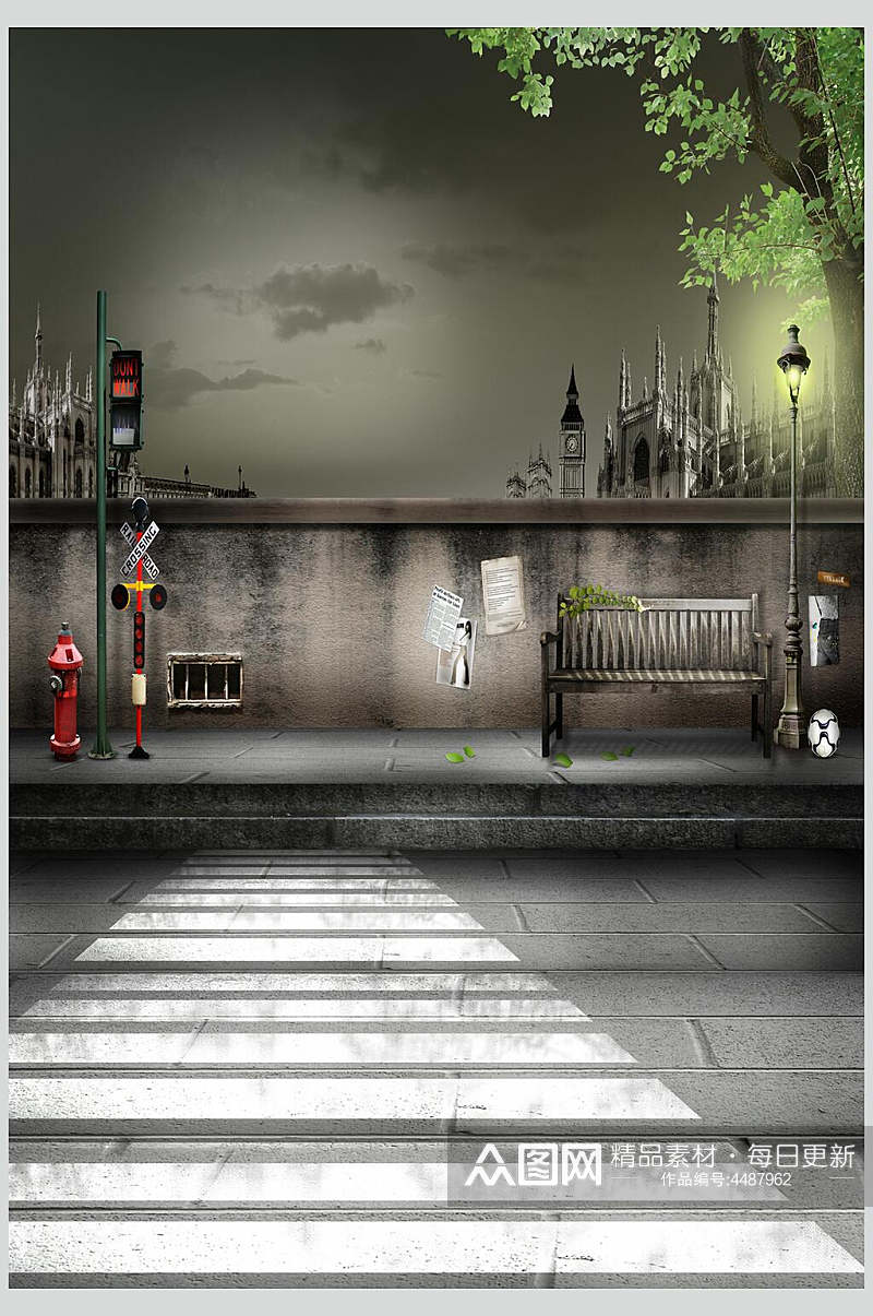 红绿灯墙壁路灯树叶拍照背景图片素材
